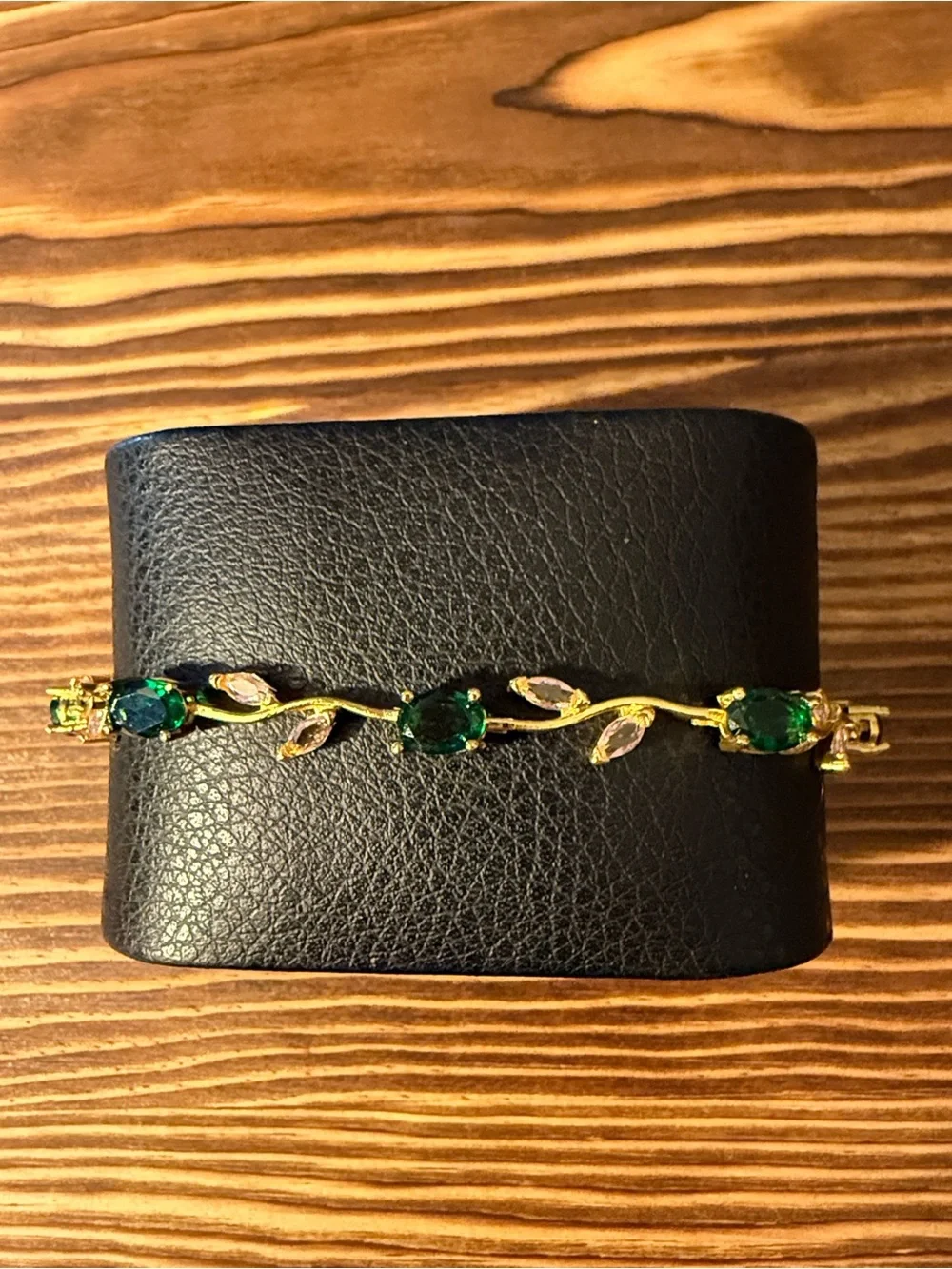 Gold Plated Bracelet Emerald Green with light pink Stones
